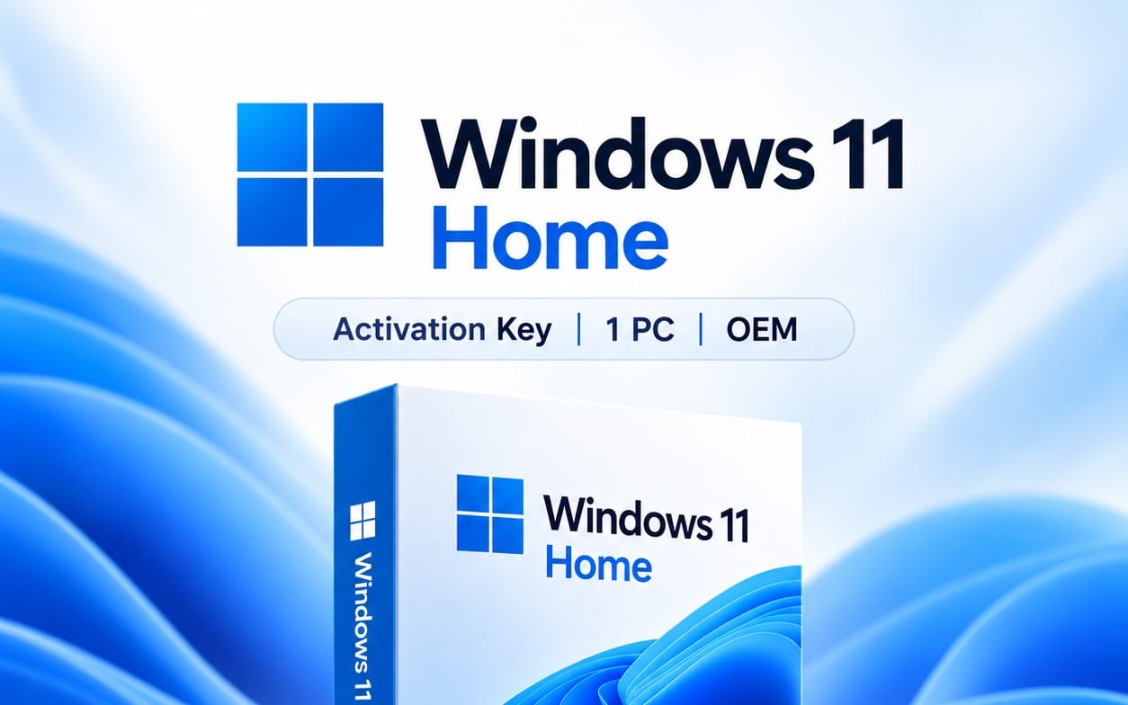 Windows 11 Home OEM activation key digital product for 1 PC shown on Windows 11 desktop-themed banner