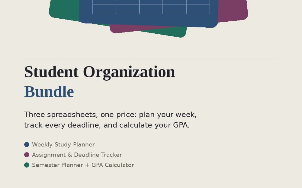 Student organization bundle preview with three spreadsheet planning templates including semester planner and GPA