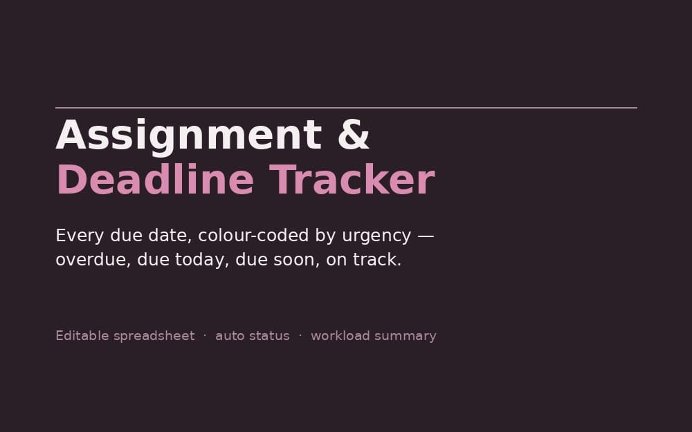 Assignment and Deadline Tracker title screen for an editable spreadsheet planner