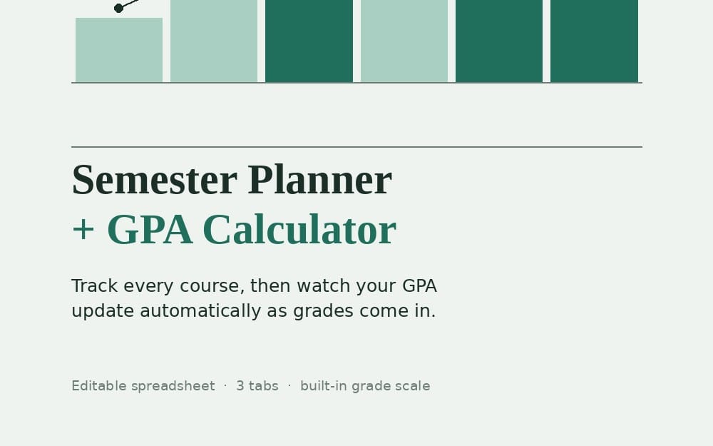 Semester planner plus GPA calculator editable spreadsheet with course tracking layout and grade scale sections