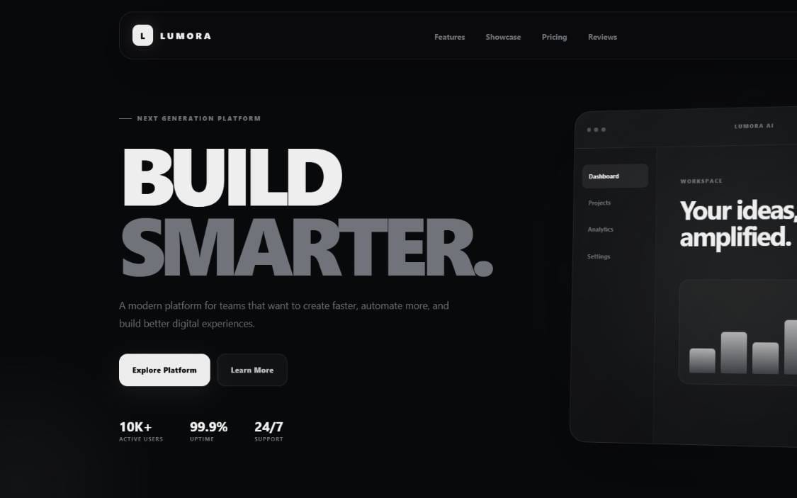 LUMORA -Modern SaaS Landing Page | Dark & Liquid Glass HTML Template