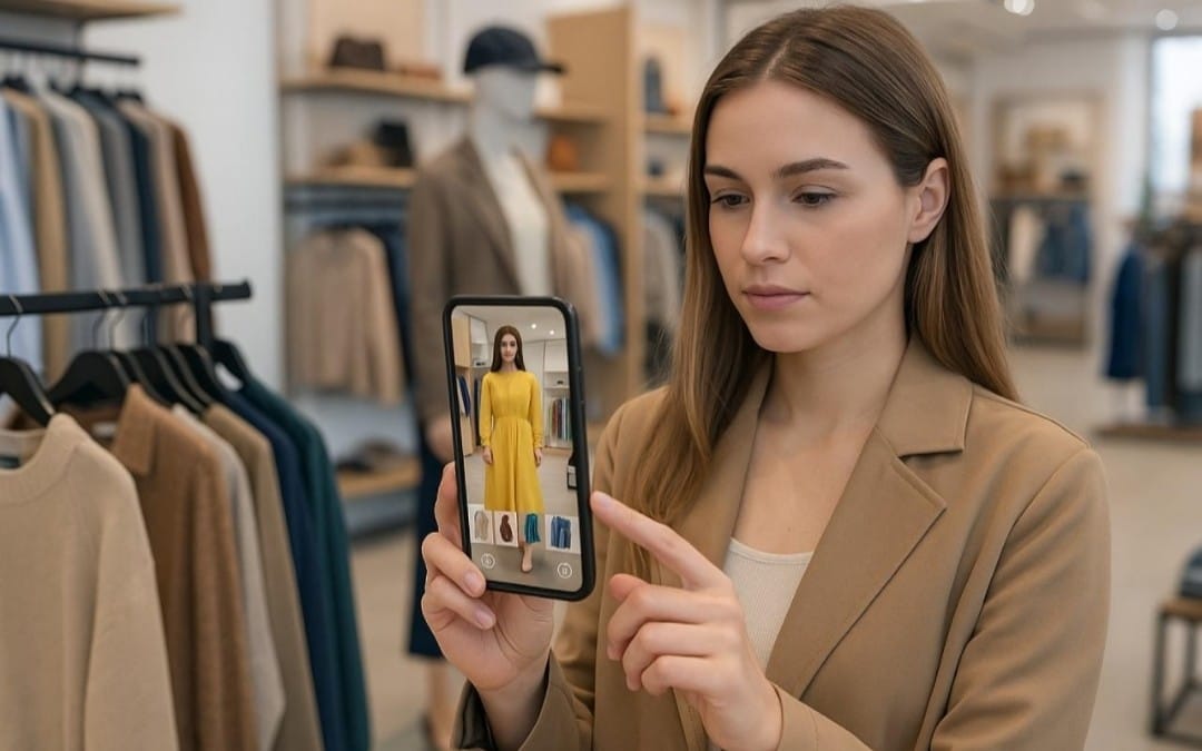 Woman holding a smartphone with a fashion photo in a clothing store, premium AI lifestyle stock image collection