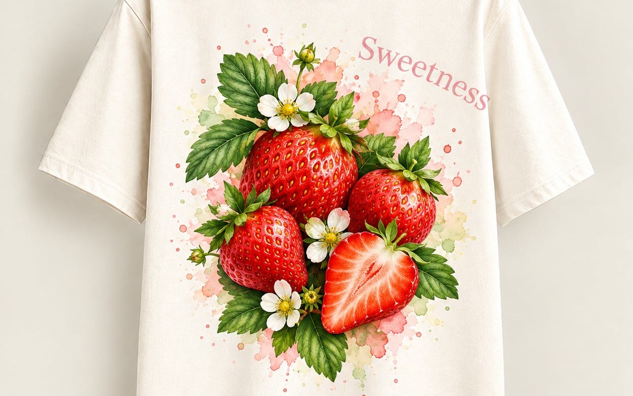 White t-shirt mockup with sweet fruit illustration of strawberries and flowers, joyful design bundle template