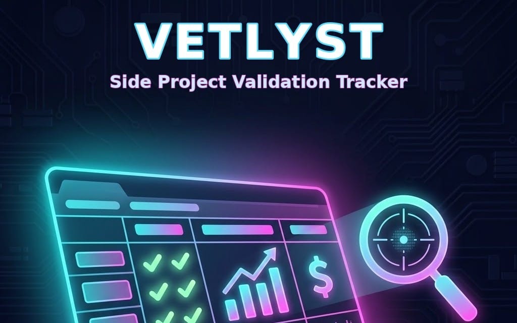 Vetlyst Side Project Validation Tracker banner with neon spreadsheet interface and analytics icons for Google Sheets