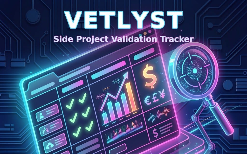 VETLYST side project validation tracker digital banner with analytics dashboard charts, money symbols and magnifying