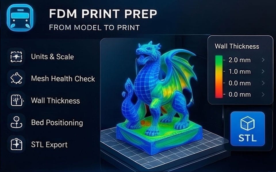 FDM print preparation software add-on interface with wall thickness options and STL export for 3D models