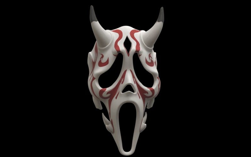 White oni demon screaming mask 3D model with red flame accents and curved horns, STL OBJ 3MF files