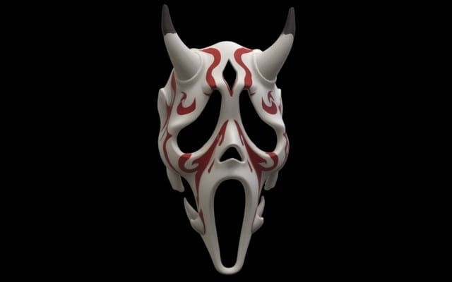White oni demon screaming mask 3D model files STL OBJ 3MF with red flame markings on black background