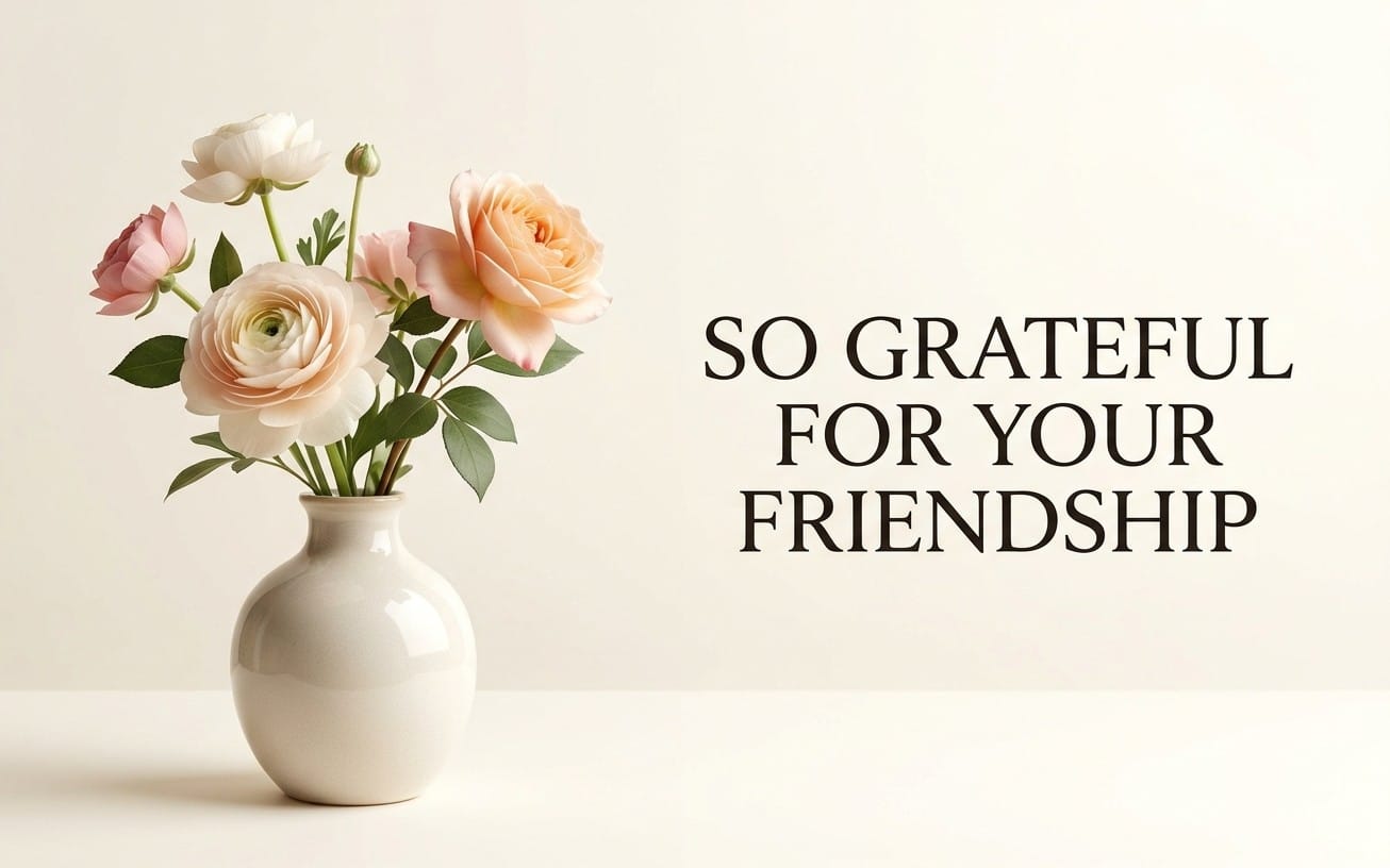 Elegant digital greeting card with pastel flowers in a vase and text So Grateful for Your Friendship