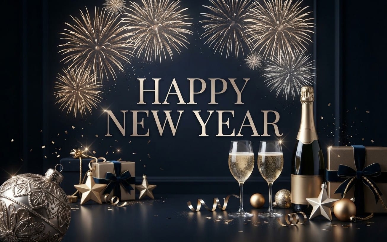 Luxury Happy New Year digital card with fireworks, champagne flutes, gift boxes, and midnight blue decor