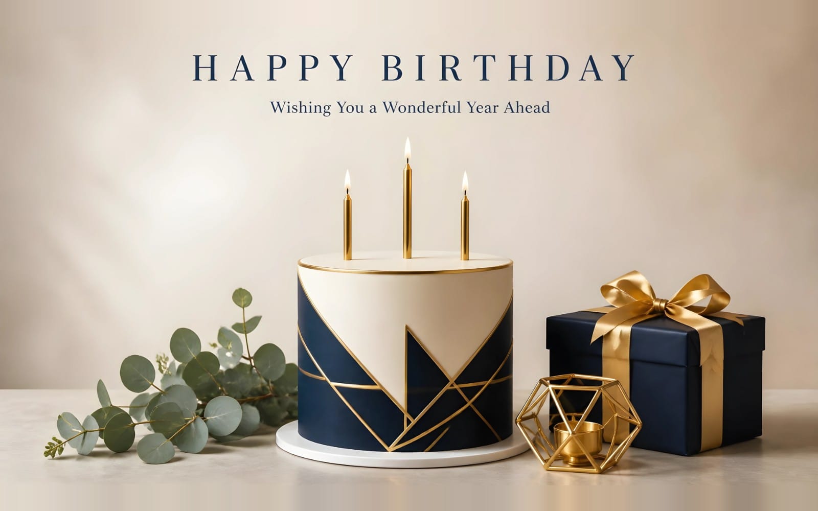 Happy birthday greeting card design with lit candles, gift boxes, and elegant text for a man