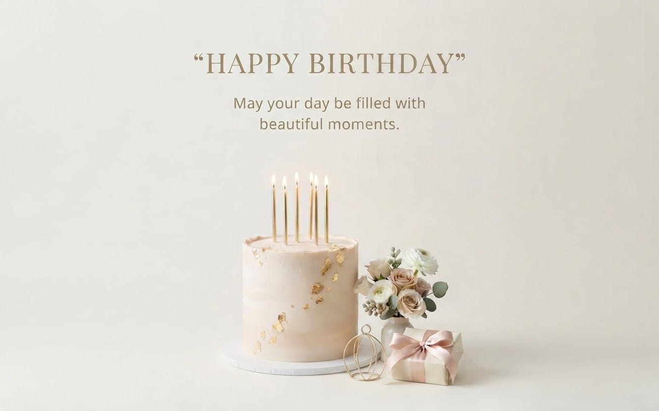 Elegant birthday card design with gold Happy Birthday text, white cake with candles and bouquet on beige background