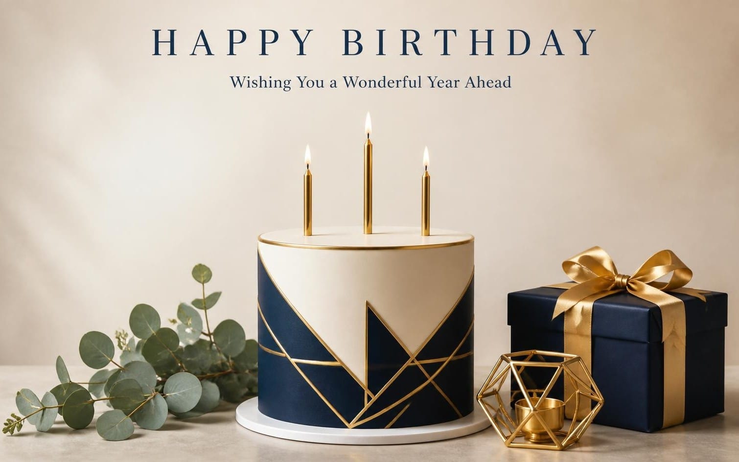 Happy birthday greeting card design for men with three candles, blue cake, and gift boxes