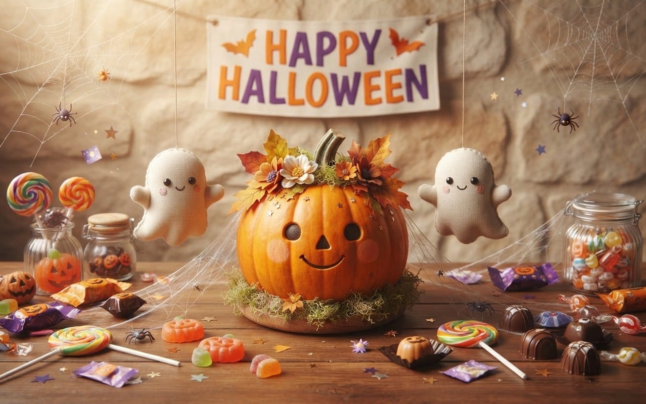 Happy Halloween digital card for kids featuring smiling pumpkin, cute ghosts, candy and decorations on a festive table