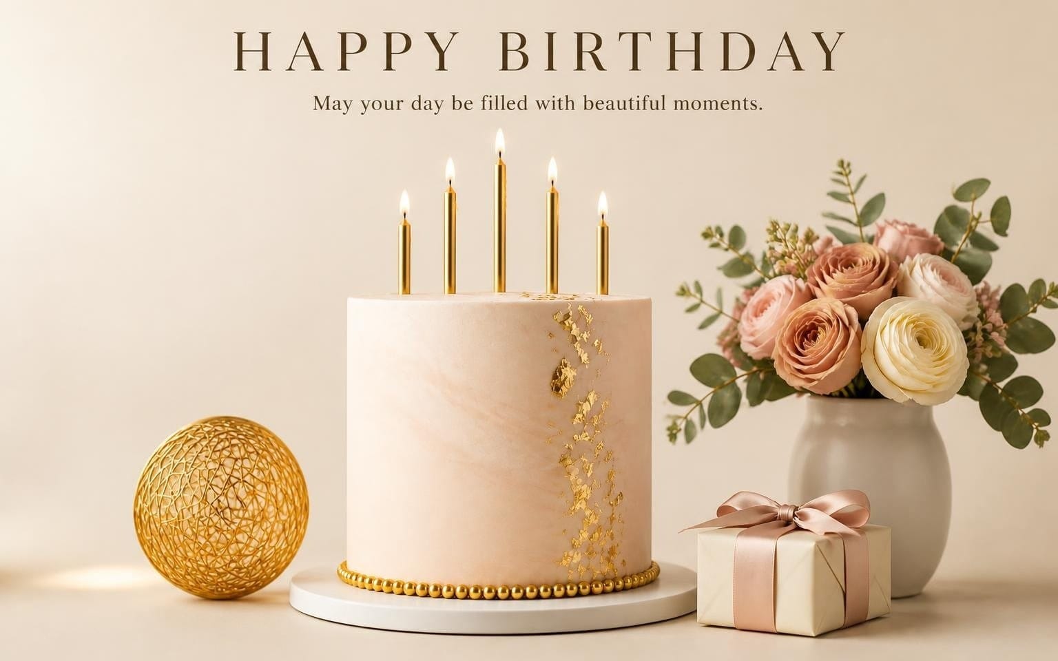 Happy Birthday digital greeting card design with candles, roses, and gift on a beige background