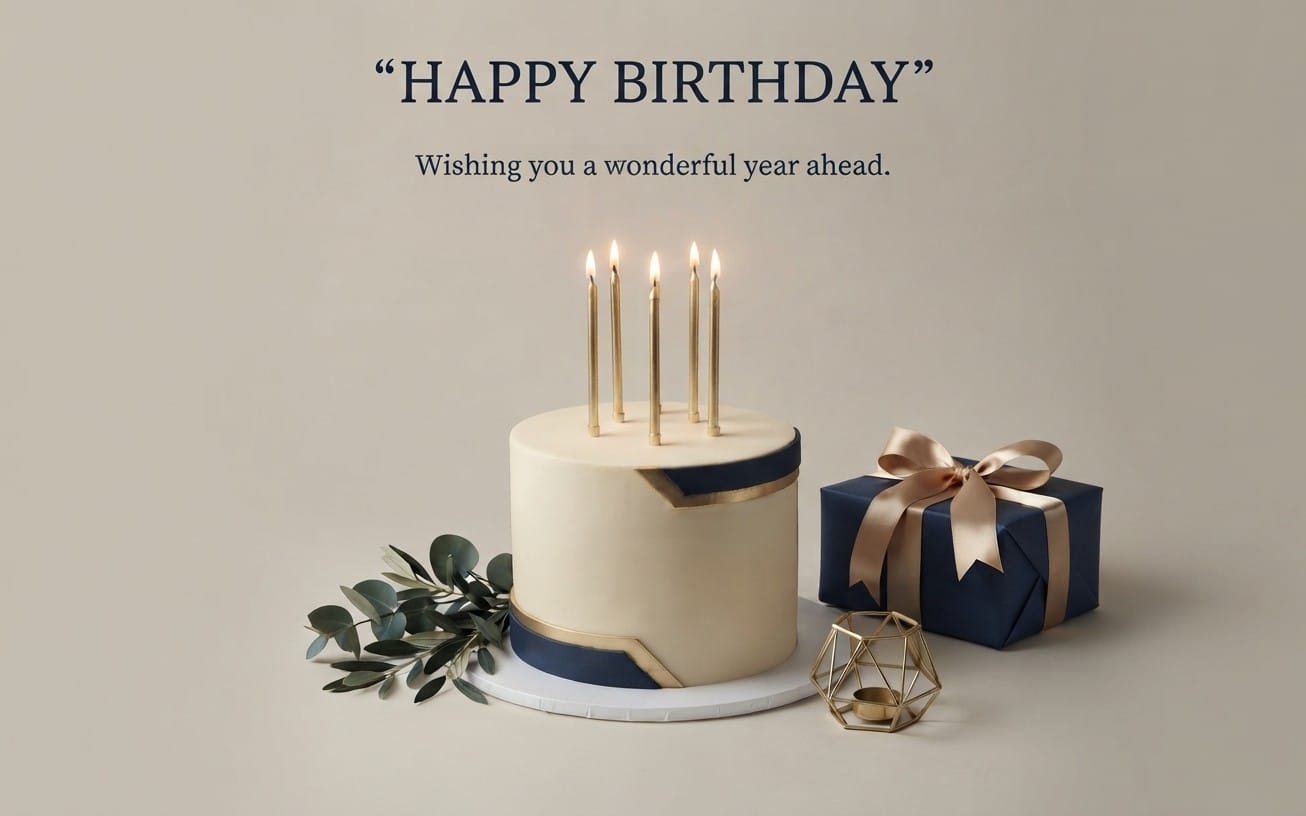 Happy birthday greeting card design for men with candles, cake, gift box and decorative text on beige background