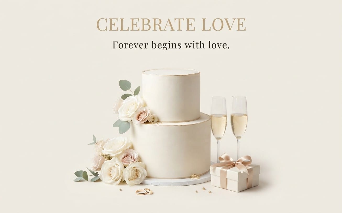 Elegant wedding digital invitation design with beige background, candles, roses, champagne glasses, and gift box
