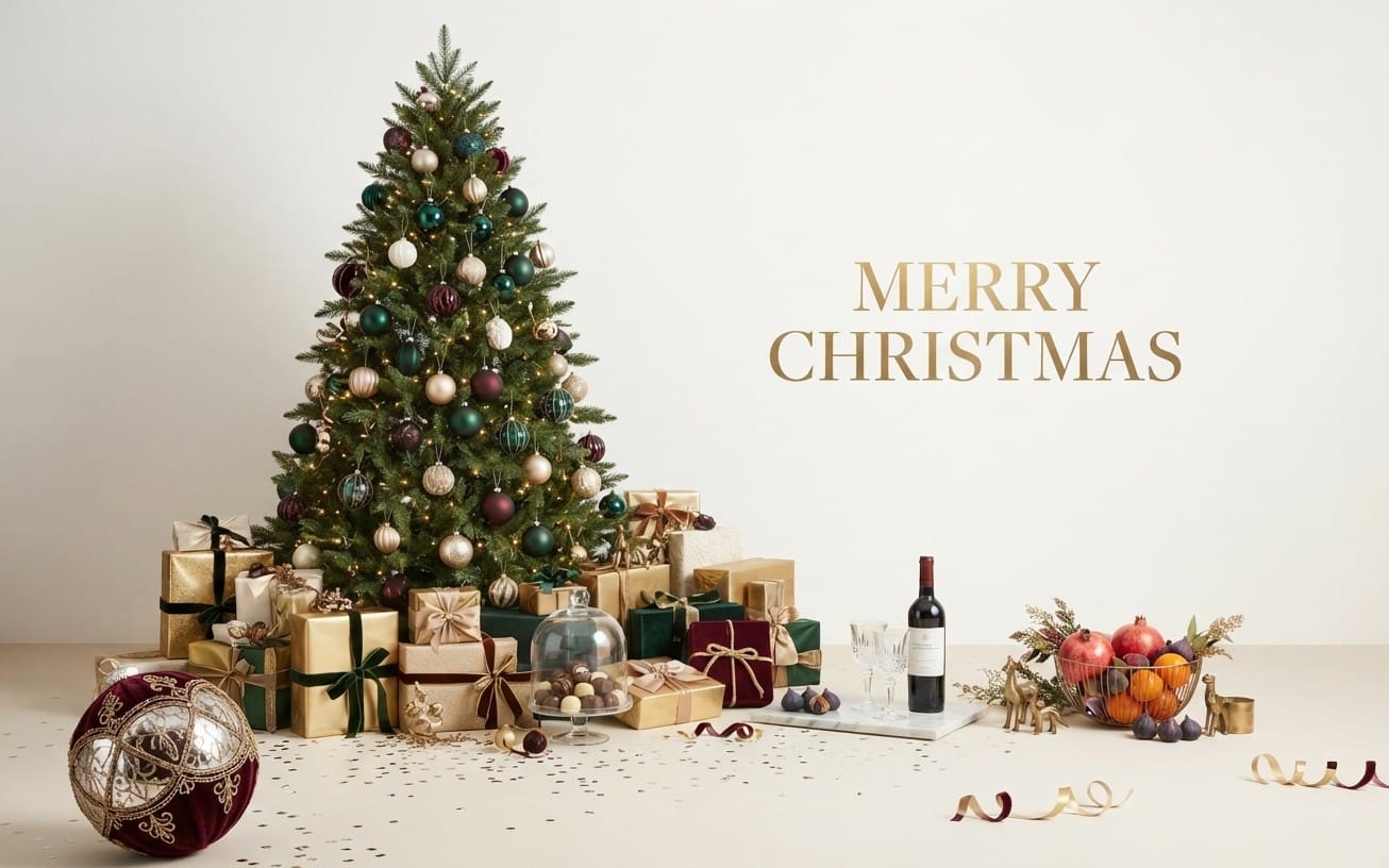 Elegant holiday Christmas digital card with decorated tree, wrapped gifts, ornaments, and Merry Christmas text