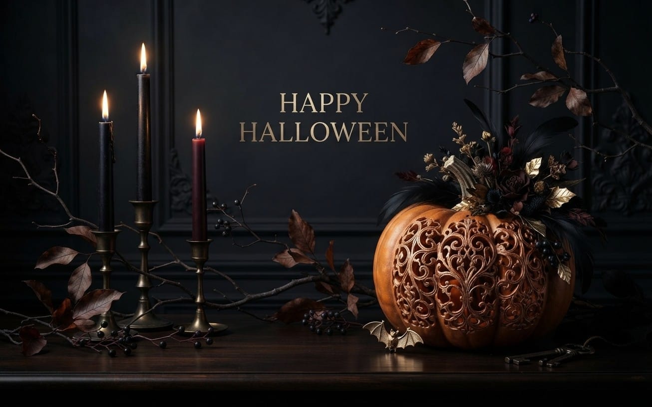 Midnight-themed Happy Halloween digital card with candles, ornate filigree pumpkin, dark autumn leaves and text