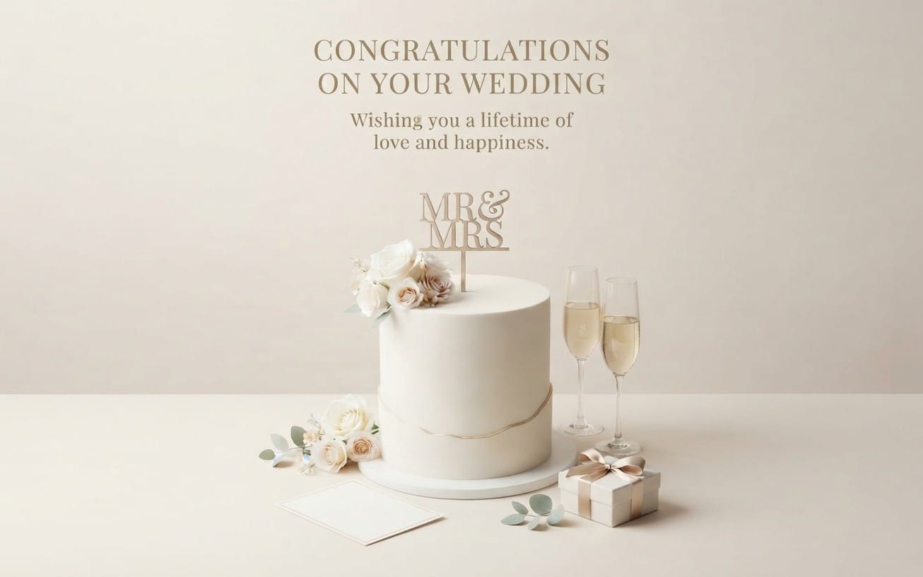 Elegant wedding digital card design with white cake, roses, champagne glasses, and congratulations text