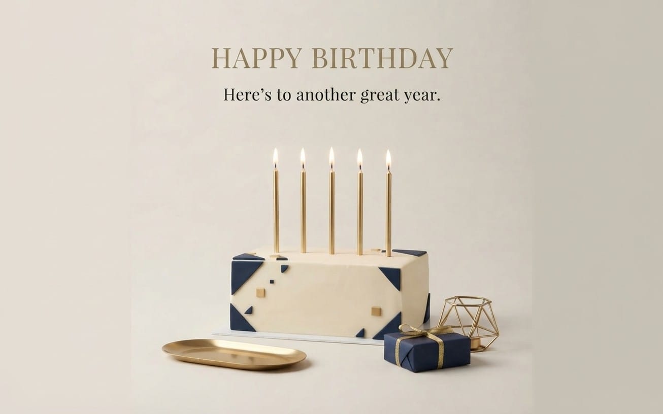 Happy Birthday male greeting card design with cake candles, gift box, and gold plate on a beige background