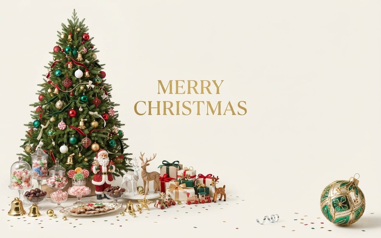 Christmas digital card with decorated tree, toys, gifts, ornaments, and Merry Christmas text for kids