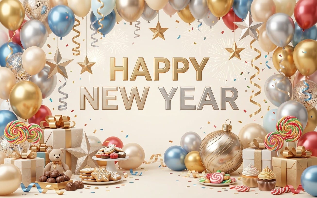 Happy New Year digital card for kids with gold, blue, and red balloons, confetti, stars, sweets, and gifts background
