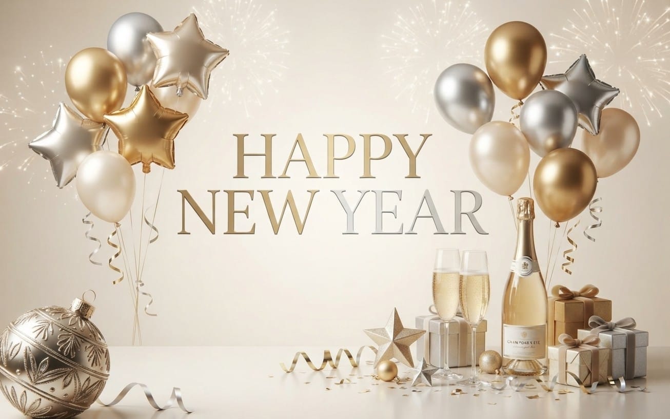 Happy New Year digital greeting card with gold and silver balloons, champagne, gifts, and festive sparkles