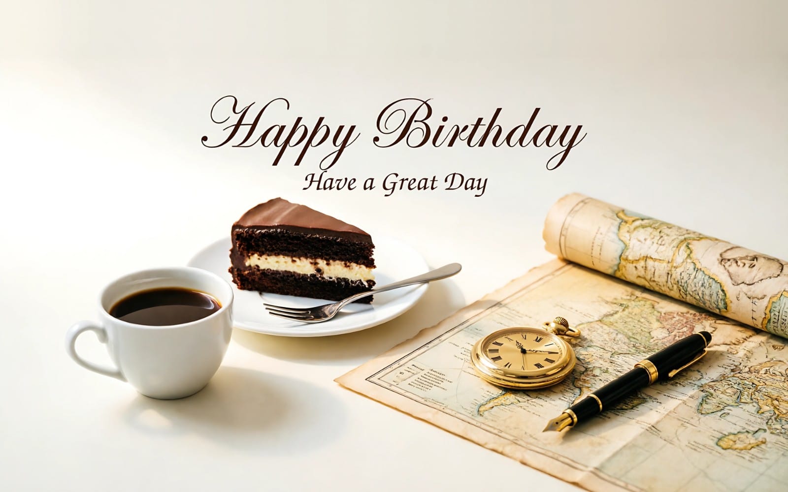 Birthday greeting card design for men with Happy Birthday text, cake slice, coffee cup, compass, pen, and map