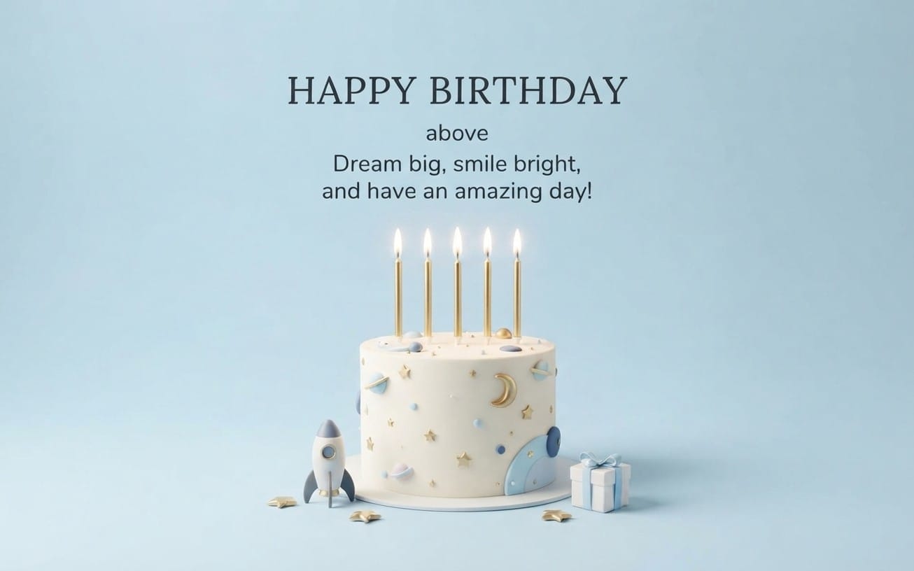 Happy birthday card design with lit candles, a cake, a rocket, and gift box on a light blue background