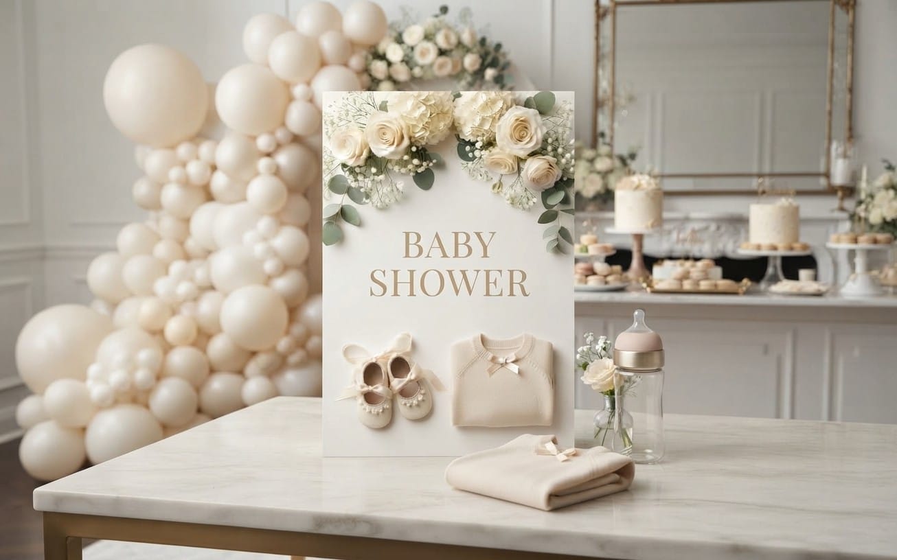 Digital baby shower card design with floral wreath, baby clothes, and gold text on a cream background