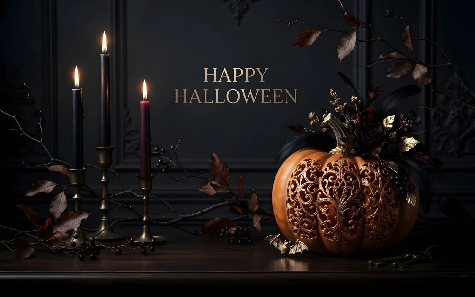 Halloween digital greeting card with glowing candles, ornate jack-o-lantern, and Happy Halloween text on dark backdrop