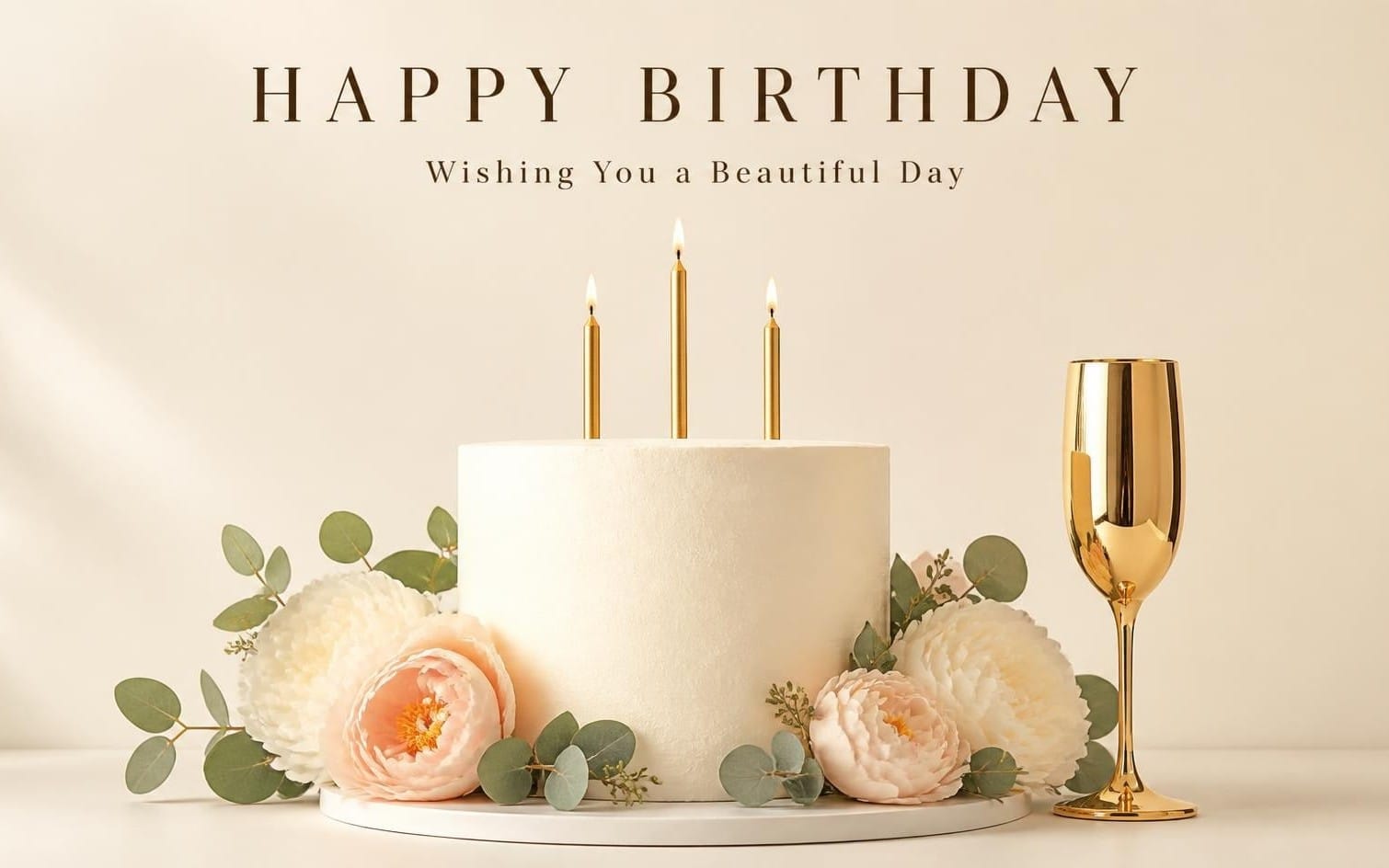Elegant birthday card design with three candles, cream flowers, eucalyptus leaves, and a gold champagne flute
