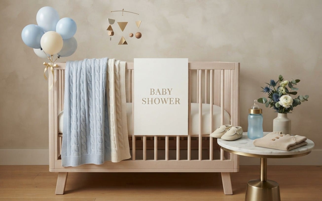 Baby shower digital card design in light blue with text Baby Shower on a minimal white panel