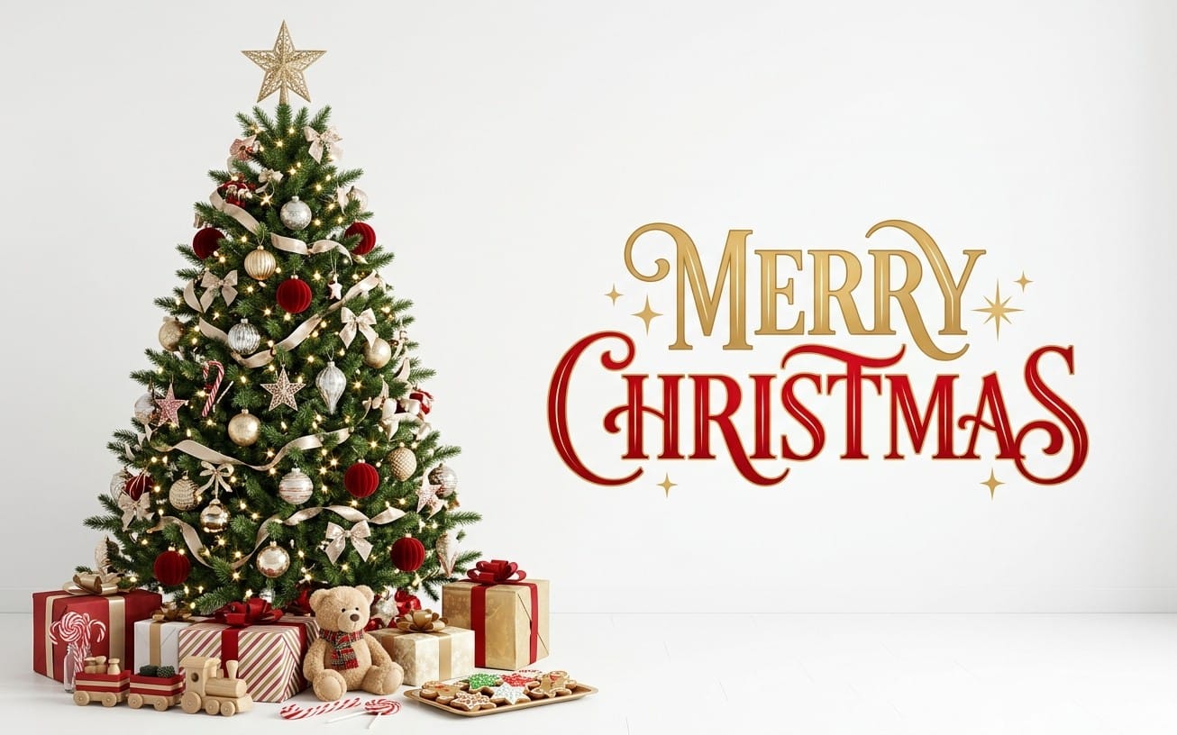 Festive Christmas digital card featuring a decorated tree with ornaments and gifts beside Merry Christmas text