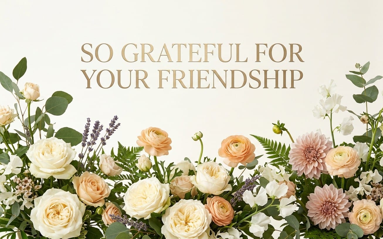 Elegant friendship digital card with gold text and a floral border of roses, lavender, and greenery