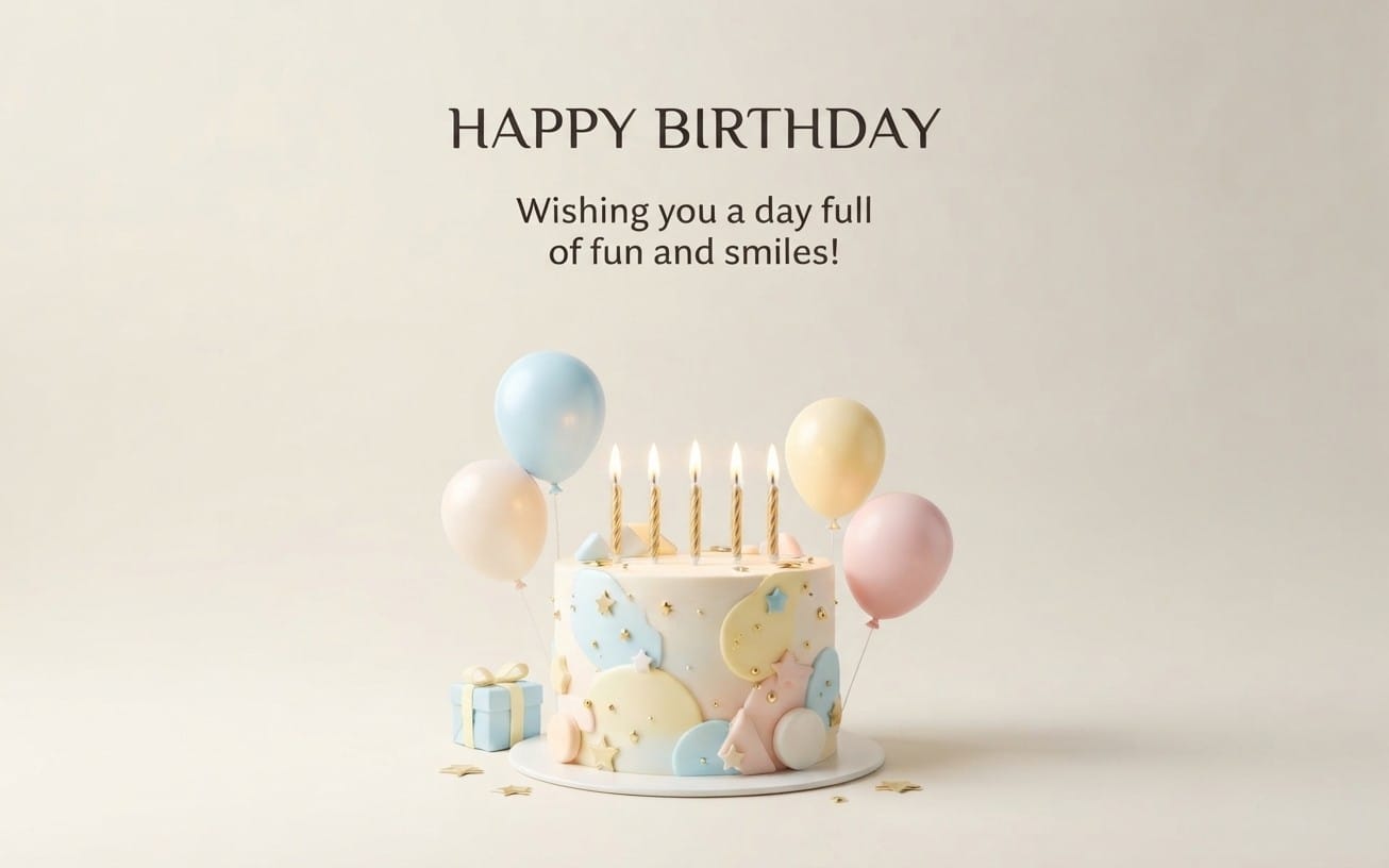 Happy birthday greeting card design with pastel cake, candles and balloons for a girl