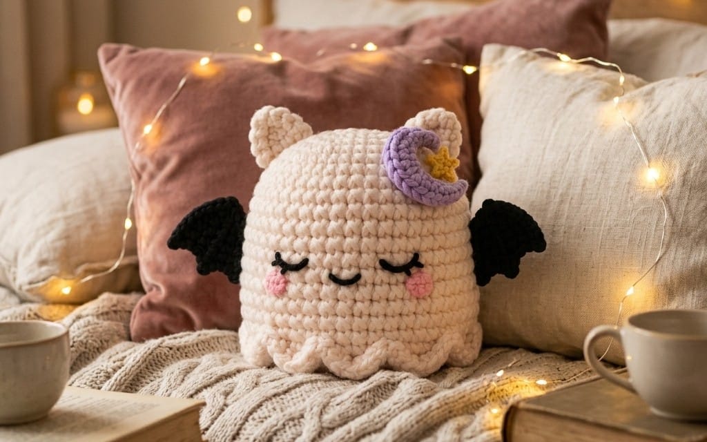 Crochet amigurumi moon bat character pattern with white and purple detailing on a cozy pillow scene