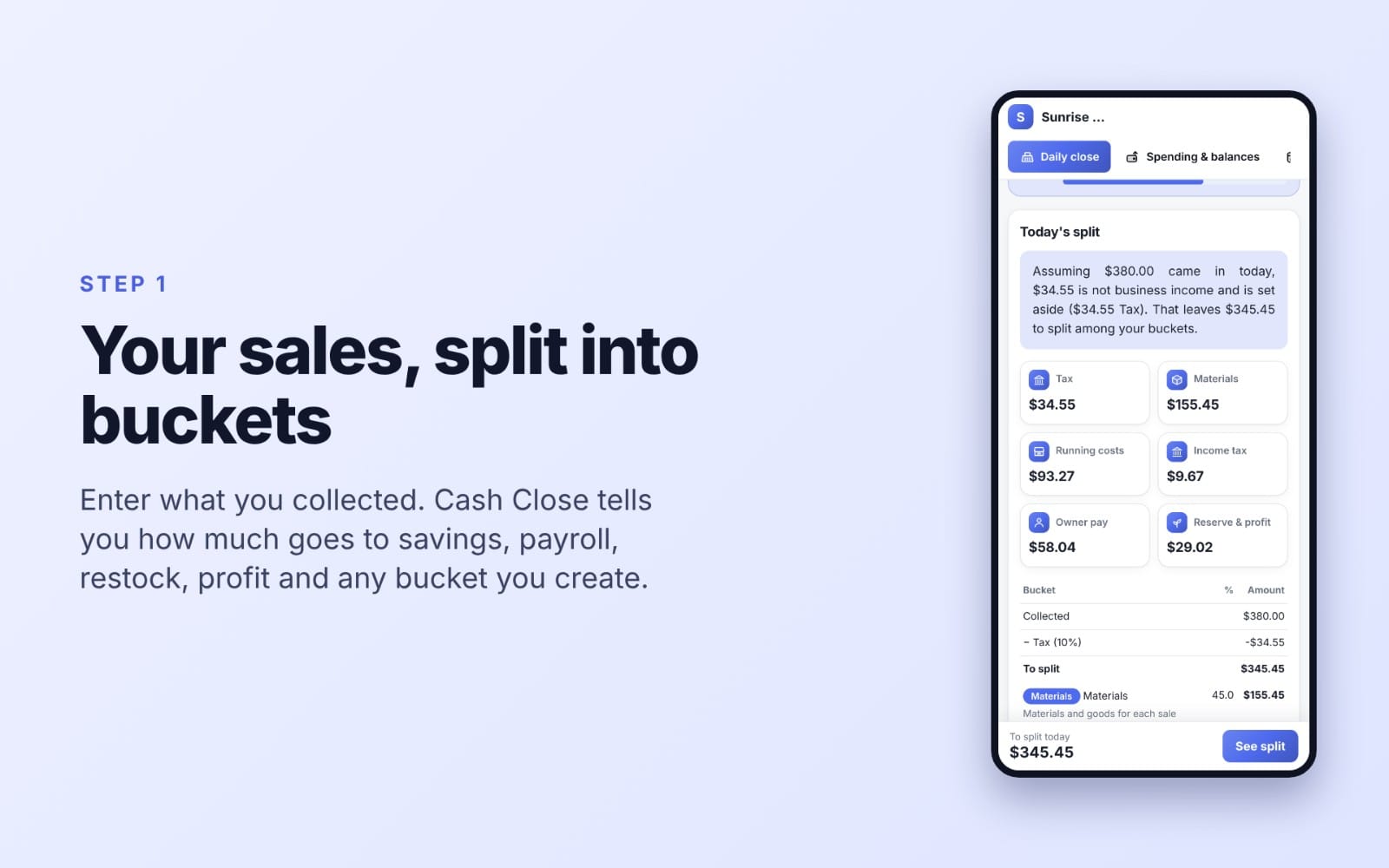 Smartphone mockup showing Daily Cash Close spreadsheet calculator with sales split into tax, materials, and profit