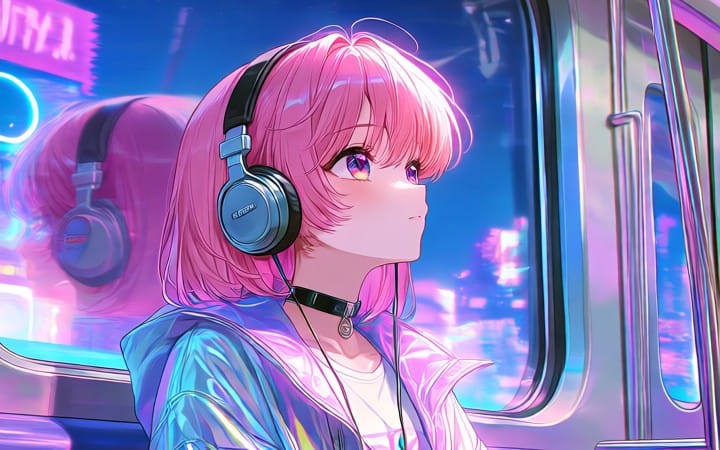 Vaporwave anime phone wallpaper featuring a pink-haired girl with headphones in a neon city car scene set of 5