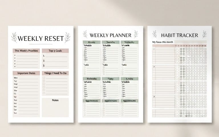 Set of weekly planner and habit tracker digital templates titled Weekly Reset Bundle