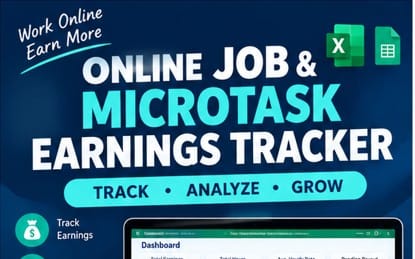 Online Job & Microtask Earnings Tracker Excel template banner with dashboard preview and icons for tracking