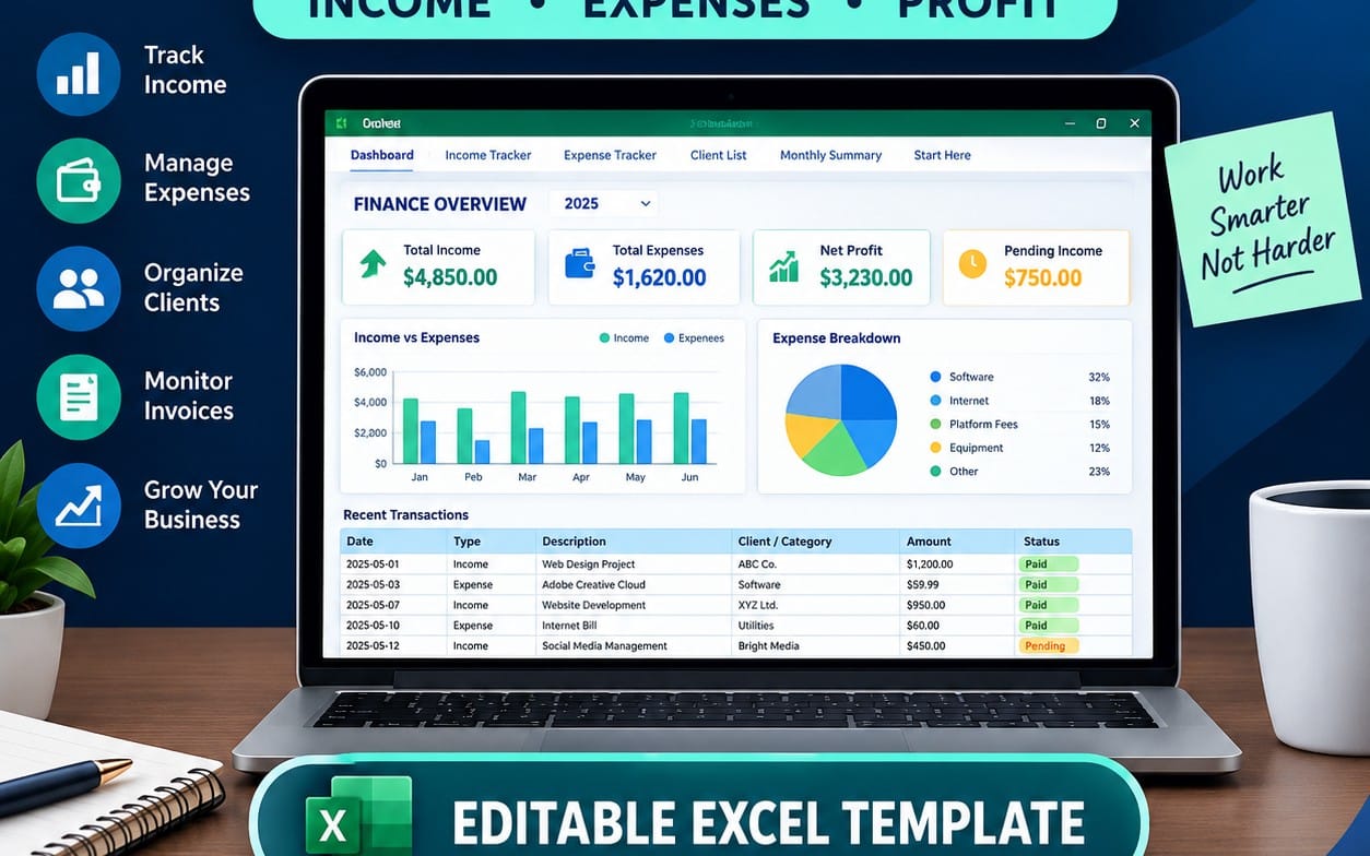 Laptop screen showing an editable Excel spreadsheet dashboard for freelancer income and expense tracking