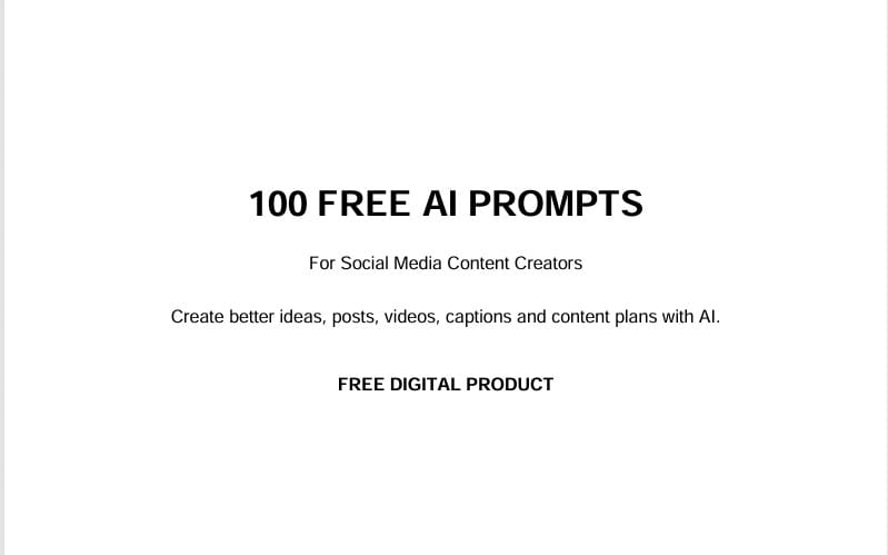 Minimal text cover for a free digital product with 100 AI prompts for social media content creators