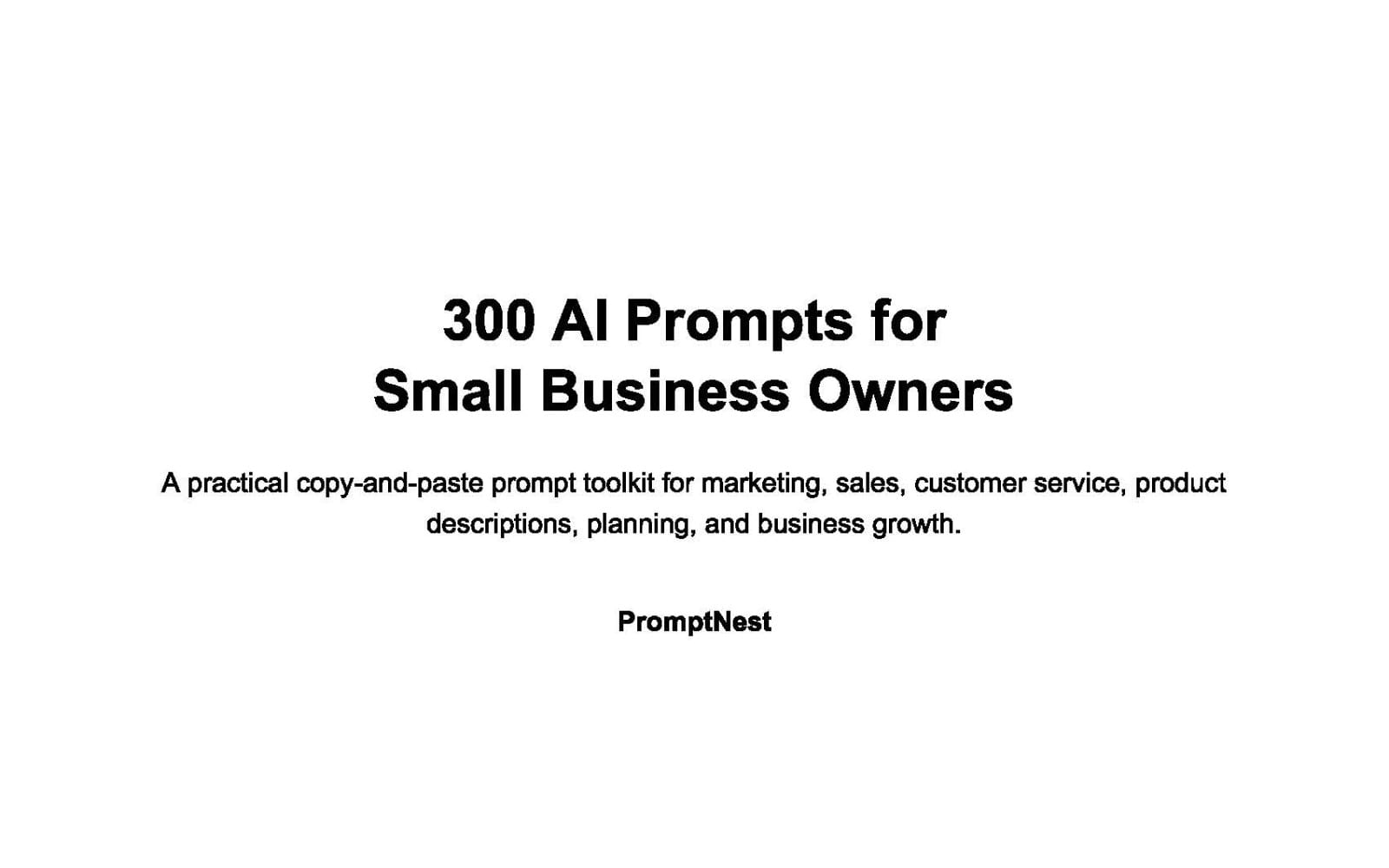 Minimal white ebook cover for 300 AI Prompts for Small Business Owners with subtitle copy-and-paste toolkit