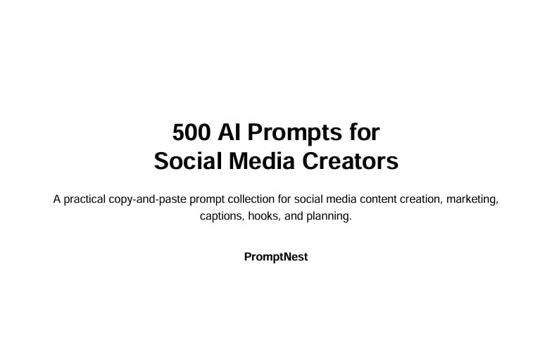Title card for a digital product offering 500 AI prompts for social media creators with a short description