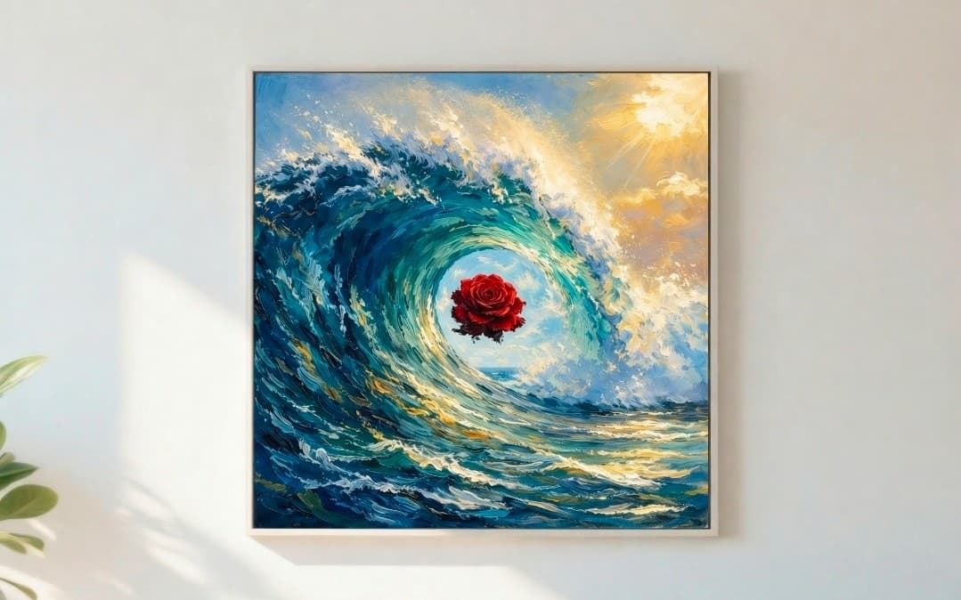 "Ocean's Heart" – Surreal Rose & Blue Wave Printable Wall Art