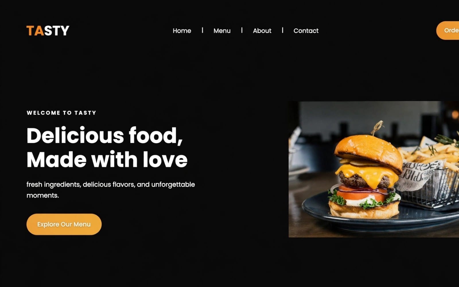 Responsive restaurant landing page template with TASTY header, navigation, hero text, and burger photo with order button