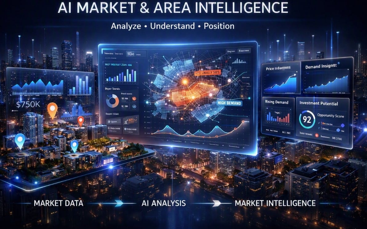 AI real estate market and area intelligence dashboard graphic over a nighttime city skyline with charts and maps