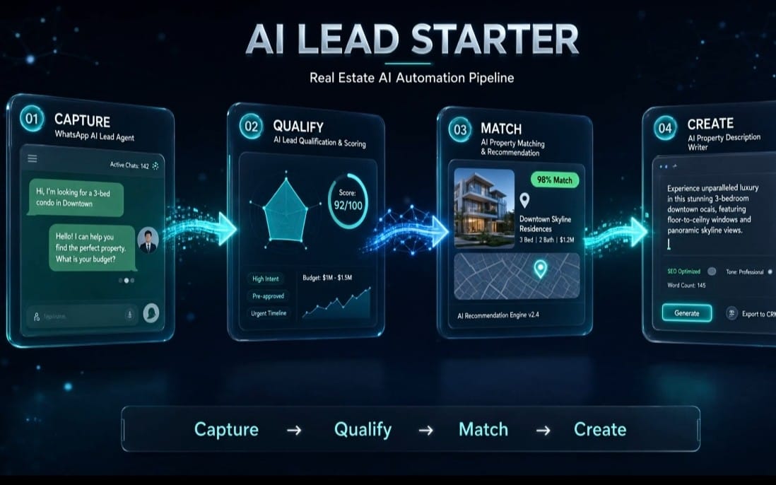 Real estate AI automation pipeline graphic showing Capture, Qualify, Match, and Create for AI lead generation